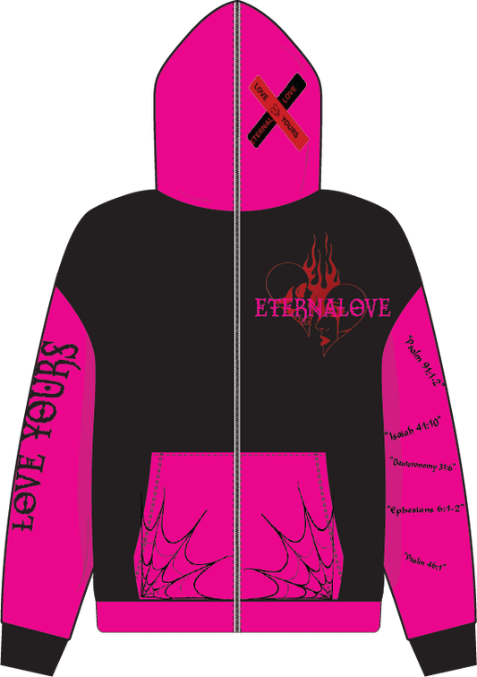 Pink and Black full zip up eternal love hoodie